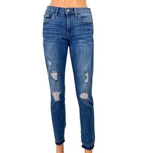 Express Jeans Cropped Legging Mid Rise Distressed Raw Hem Blue Denim 4R